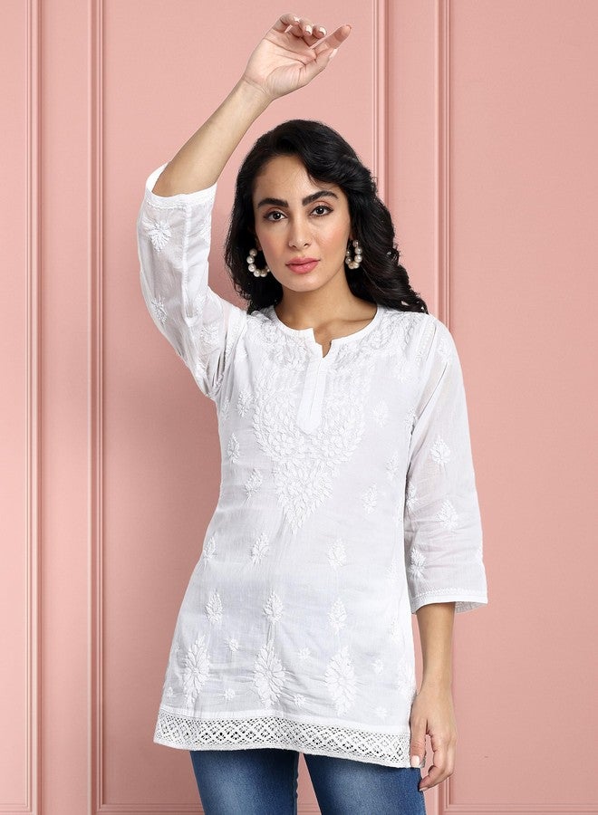 Ada Hand Embroidered Lucknow Chikankari White Cotton Short Kurti Top Tunic for Women A208704 (S) - Image 5
