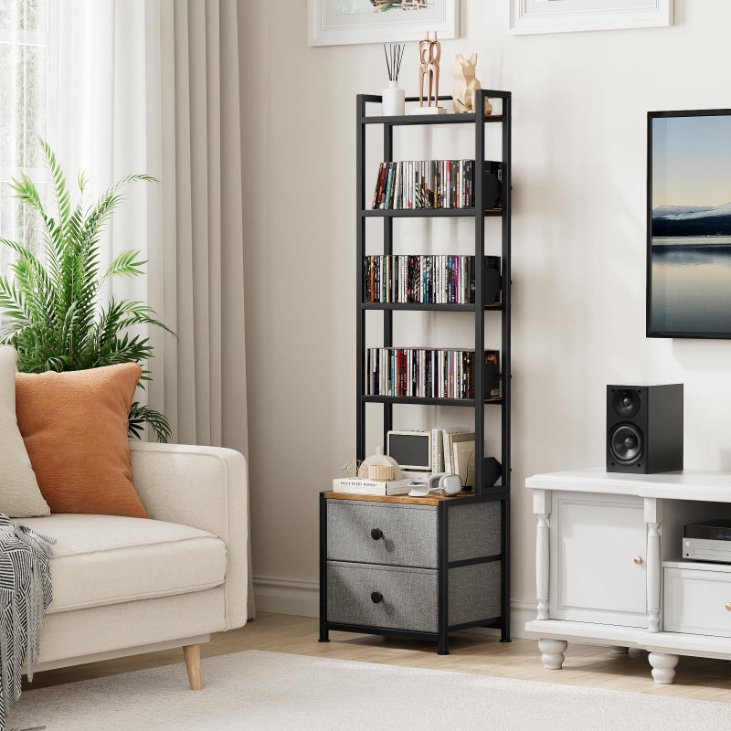 Epouseter CD Storage Rack with Drawer, 5-Tier DVD Organizer Shelf w/Adjustable Book Stoppers, Media Storage Rack for CD/DVD, Books & Games, Ideal for Living Room & Home Office â€“ 15.7x11.8x56.5Inches - Image 3