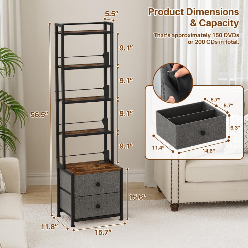 Epouseter CD Storage Rack with Drawer, 5-Tier DVD Organizer Shelf w/Adjustable Book Stoppers, Media Storage Rack for CD/DVD, Books & Games, Ideal for Living Room & Home Office â€“ 15.7x11.8x56.5Inches - Image 2