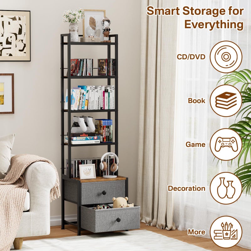 Epouseter CD Storage Rack with Drawer, 5-Tier DVD Organizer Shelf w/Adjustable Book Stoppers, Media Storage Rack for CD/DVD, Books & Games, Ideal for Living Room & Home Office â€“ 15.7x11.8x56.5Inches - Image 1