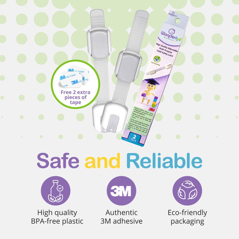 WONDERKID Adjustable & Reusable Child Safety Cabinet Locks & Latches, Baby Proofing Door Window, Cabinet, Toilet, & Refrigerator Lock, Child Safety Strap Locks with Adhesive Pads, Pack of 2, Silver - Wonderkid - Image 3