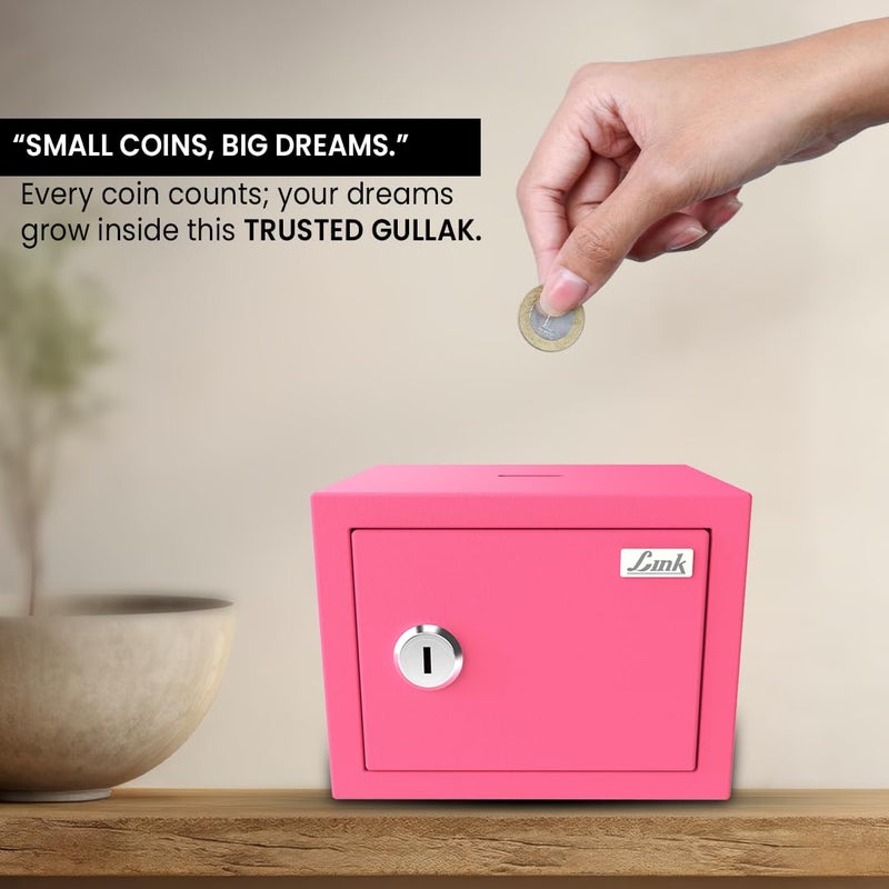 Link خزنة جلاك الذكية بسعة 2 لتر للمنزل والمكتب | ضمان 3 سنوات | مفتاح ميكانيكي، مادة CRCA، تصميم مقصوص بالليزر | بنك توفير نابض بالحياة | الوزن: 0.9 كجم | وردي جميل - Image 2
