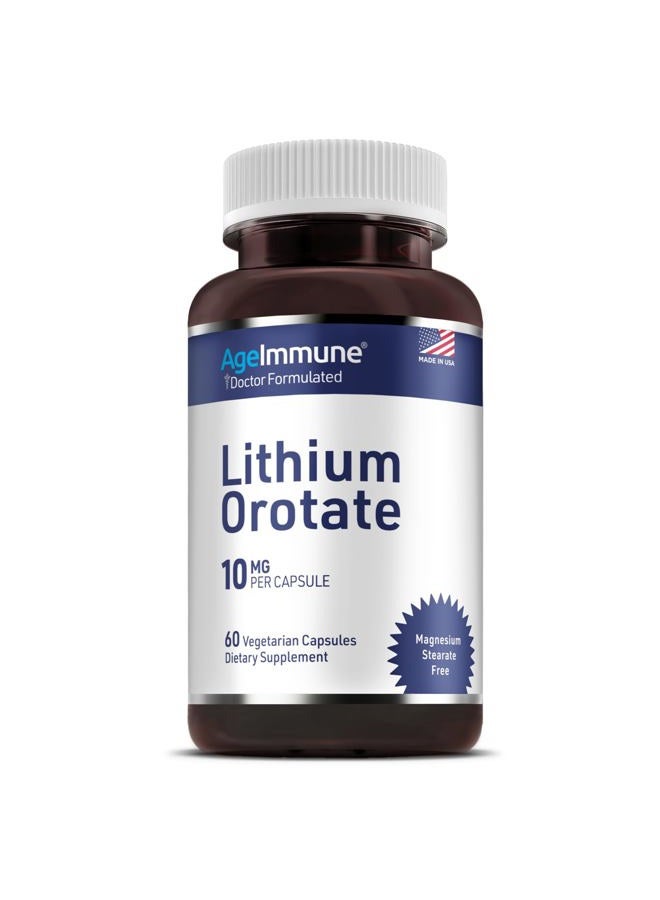 AgeImmune مكمل ليثيوم أورات 10 ملغ، 60 كبسولة نباتية. يدعم الذاكرة والرفاهية العاطفية. مكملات خالية من ستيرات المغنيسيوم. - Image 1