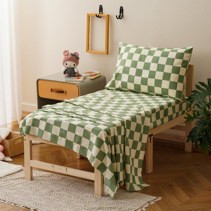 KAREVER Grid Toddler Bedding Set Green White Checkered 4 Pieces Crib Bed Set Kids Pliad Comforter Set - Image 5