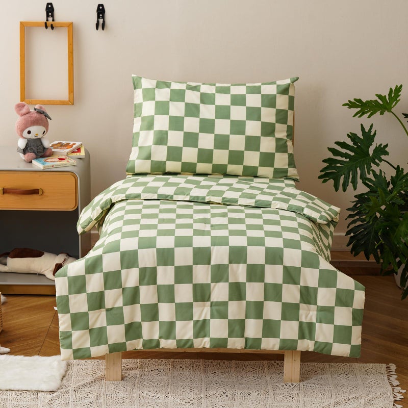 KAREVER Grid Toddler Bedding Set Green White Checkered 4 Pieces Crib Bed Set Kids Pliad Comforter Set - Image 1