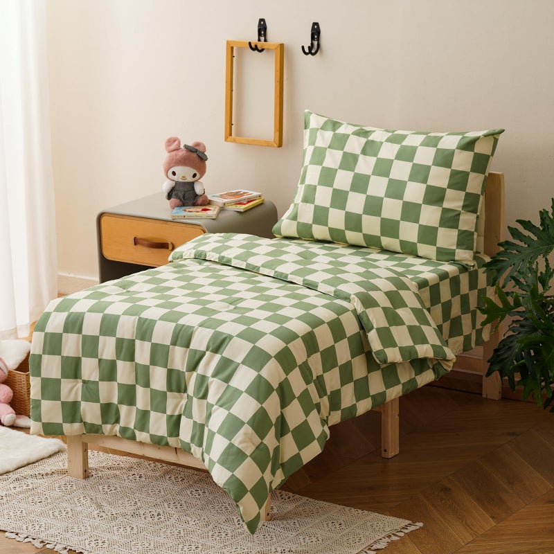 KAREVER Grid Toddler Bedding Set Green White Checkered 4 Pieces Crib Bed Set Kids Pliad Comforter Set - Image 2