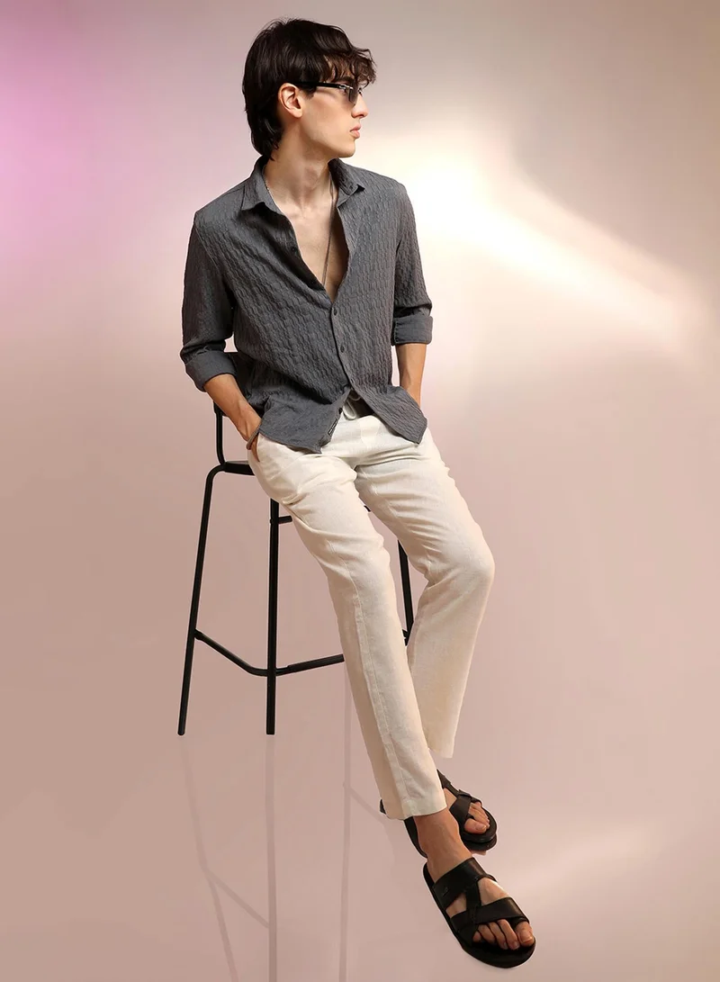 Campus Sutra Men's Charcoal Grey Embossed Geometric Shirt