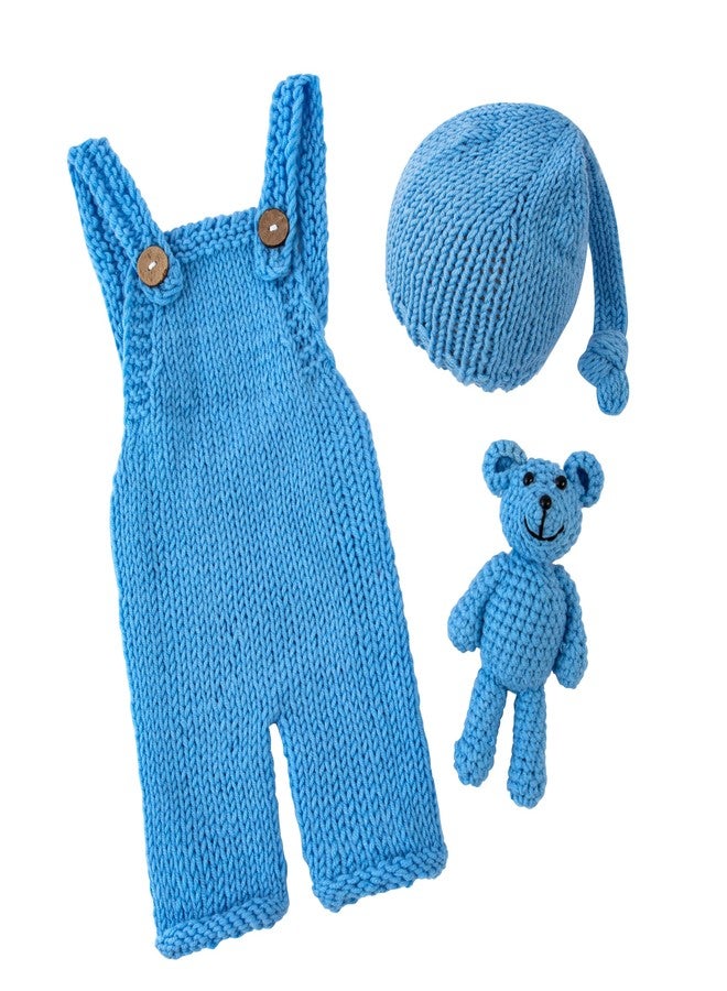 Vemonllas Newborn Photography Outfits Boys Girls Photoshoot Props Baby Photo Props Crochet Bear Hat Romper Costume Set (Blue) - Image 2