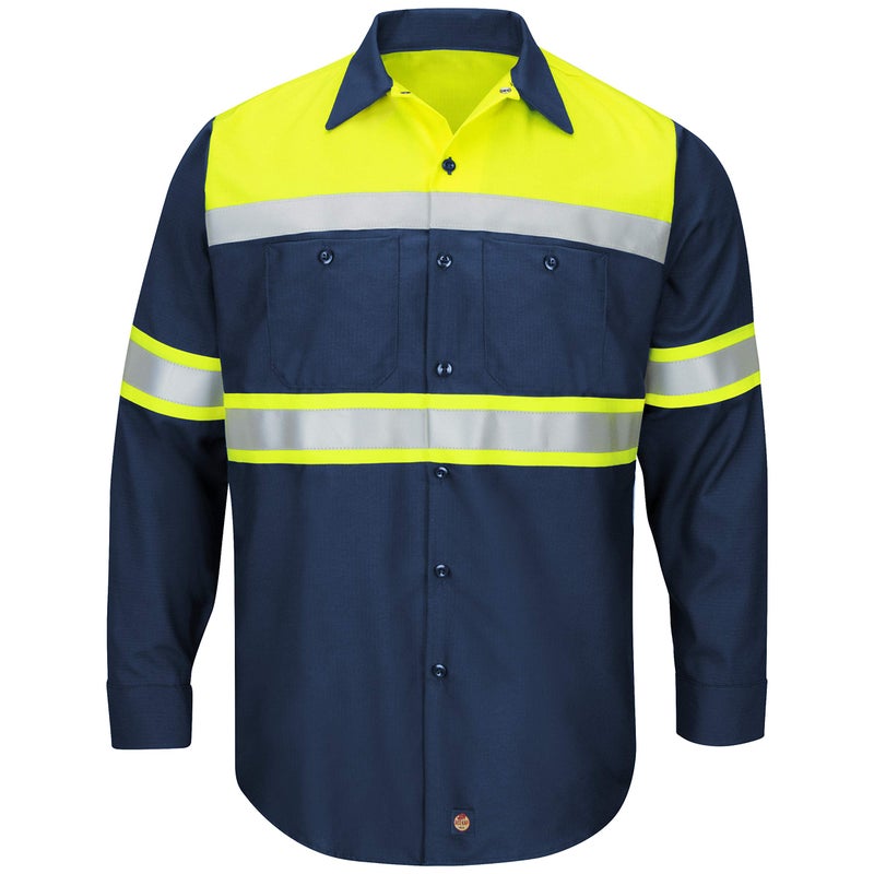 Red Kap Mens HiVisibility Long Sleeve Color Block Ripstop Work Shirt Type O Class 1 Fluorescent YellowNavy 2XLarge