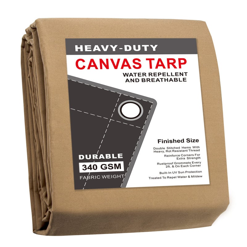 CARTMAN Finished Size 10x12 Feet Tan Canvas Tarp with Rustproof Grommets 12 Oz Heavy Duty Multipurpose Tarpaulin Cover for Canopy Tent Roof Camping Woodpile