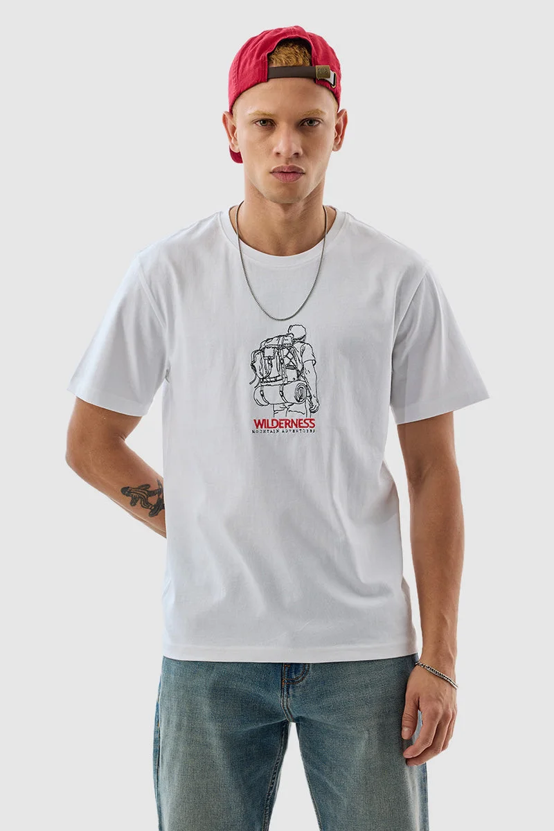 SNITCH White Embroidered Half Sleeve Slim Fit Streetwear T-Shirt