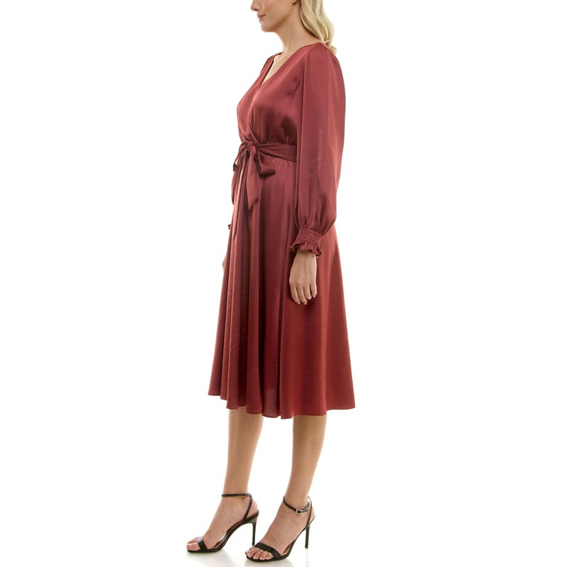 Taylor Women's Long Sleeve Satin Faux Wrap Midi Dress with Sash, Fawn - Image 2