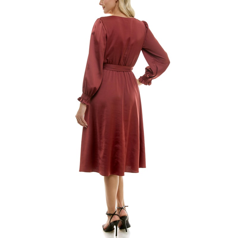 Taylor Women's Long Sleeve Satin Faux Wrap Midi Dress with Sash, Fawn - Image 4