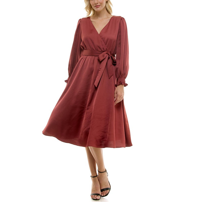 Taylor Women's Long Sleeve Satin Faux Wrap Midi Dress with Sash, Fawn - Image 1
