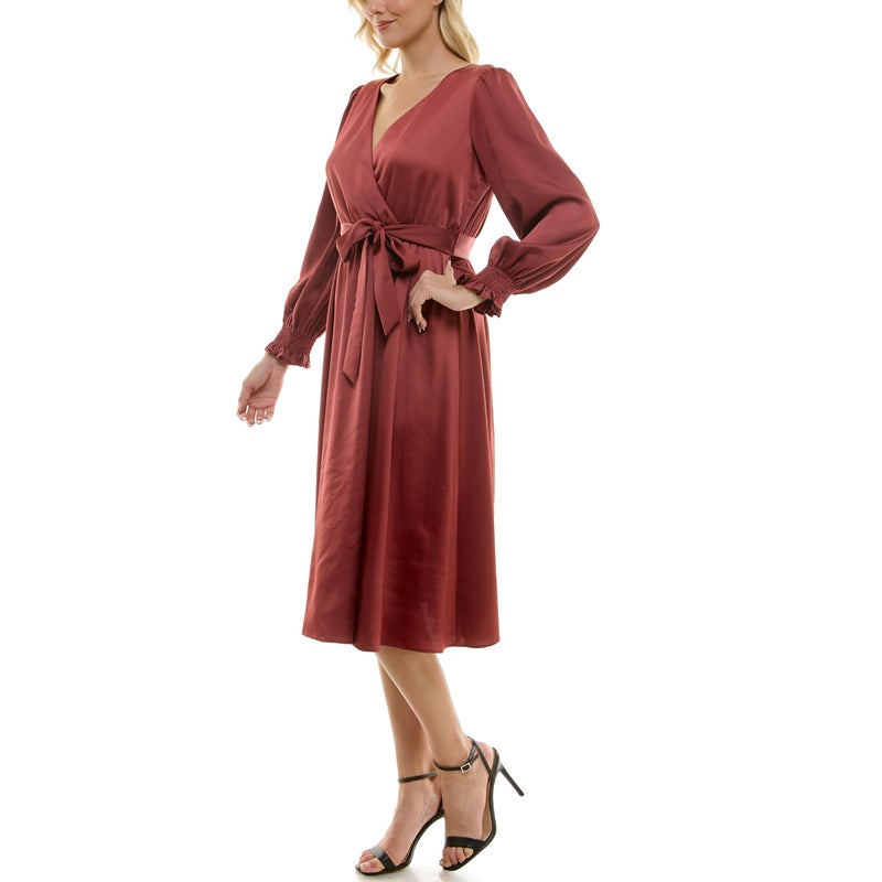 Taylor Women's Long Sleeve Satin Faux Wrap Midi Dress with Sash, Fawn - Image 5