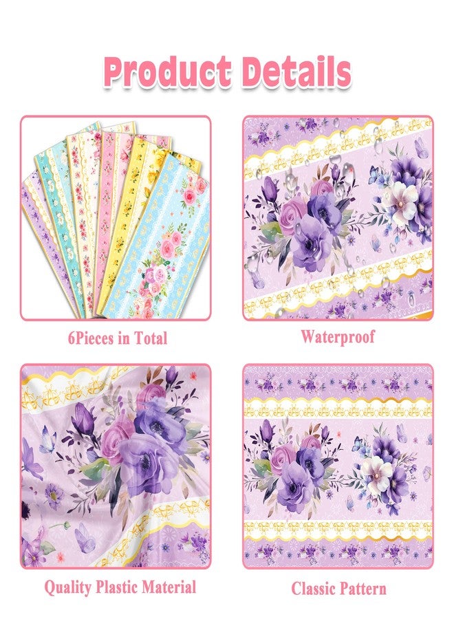 MOZUI 6 Pcs Tea Party Table Runners - 14 x 108 Inches Disposable Table Covers with 3 Floral Designs for Girl Let's Par Tea, Baby Shower, Floral Birthday, Engagement, and Bachelorette Party Supplies - Image 2