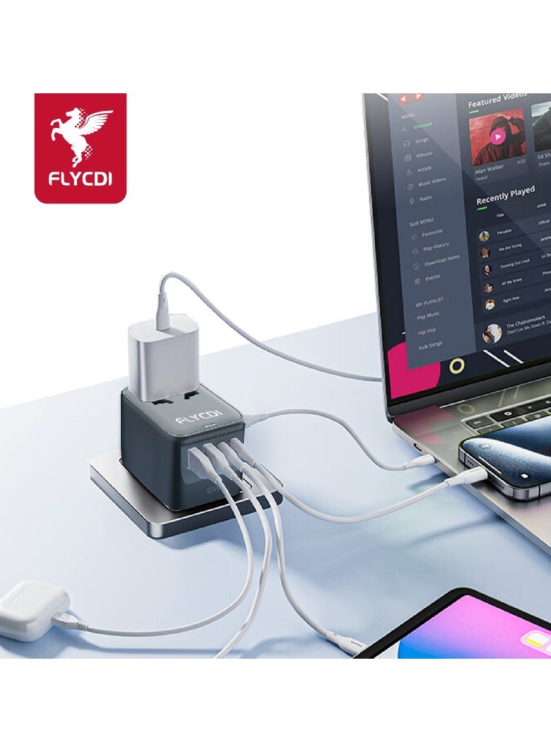 فلاي سي دي اي  محول سفر عالمي FLYCDI بقوة 65 وات | 5 منافذ – 2× USB-A 20 وات، 2× USB-C 20 وات، 1× USB-C 65 وات شحن سريع | صغير ومحمول - Image 2