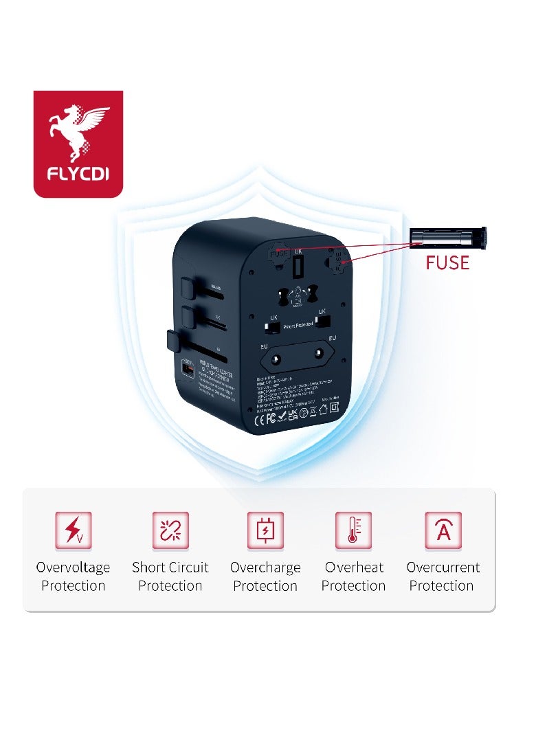 فلاي سي دي اي  محول سفر عالمي FLYCDI بقوة 65 وات | 5 منافذ – 2× USB-A 20 وات، 2× USB-C 20 وات، 1× USB-C 65 وات شحن سريع | صغير ومحمول - Image 4