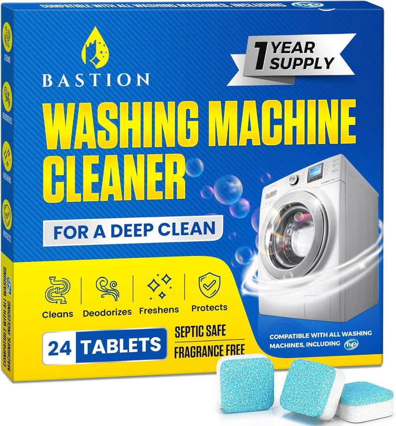 Bastion Washing Machine Cleaner Tablets 24 pack Powerful Descaler -Deep Cleaning for HE Front Loader & Top Load Washer Septic Safe Eco-Friendly Deodorizer Clean Drum & Laundry Tub Seal- Year's Supply - Image 1