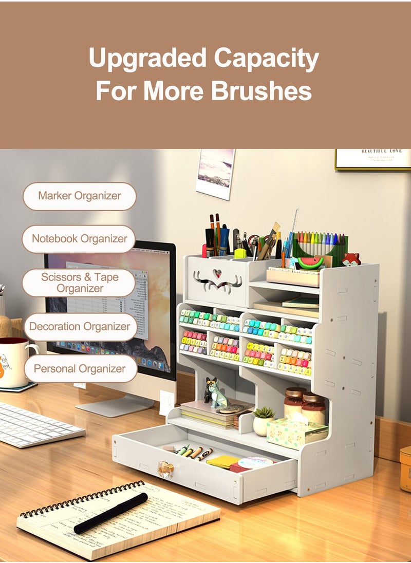 كيدل منظم أقلام خشبي مع درج، حامل أقلام رصاص DIY مكتب مرتب، أدوات مكتبية مكتبية، منظم مستلزمات المكياج، حامل أقلام لتخزين سطح المكتب، منظمة مكتب للمدرسة  - Image 2