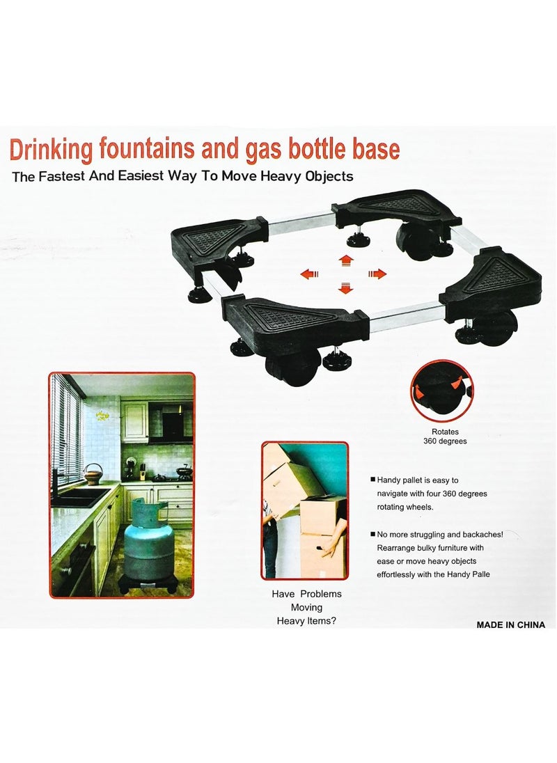 ARTC Adjustable And Movable Handy Pallet Base Rack For Moving Gas Capsules And Water Bottles And Drinking Fountains Refrigerator And Heavy Objects, With Four Wheels, Black And Silver