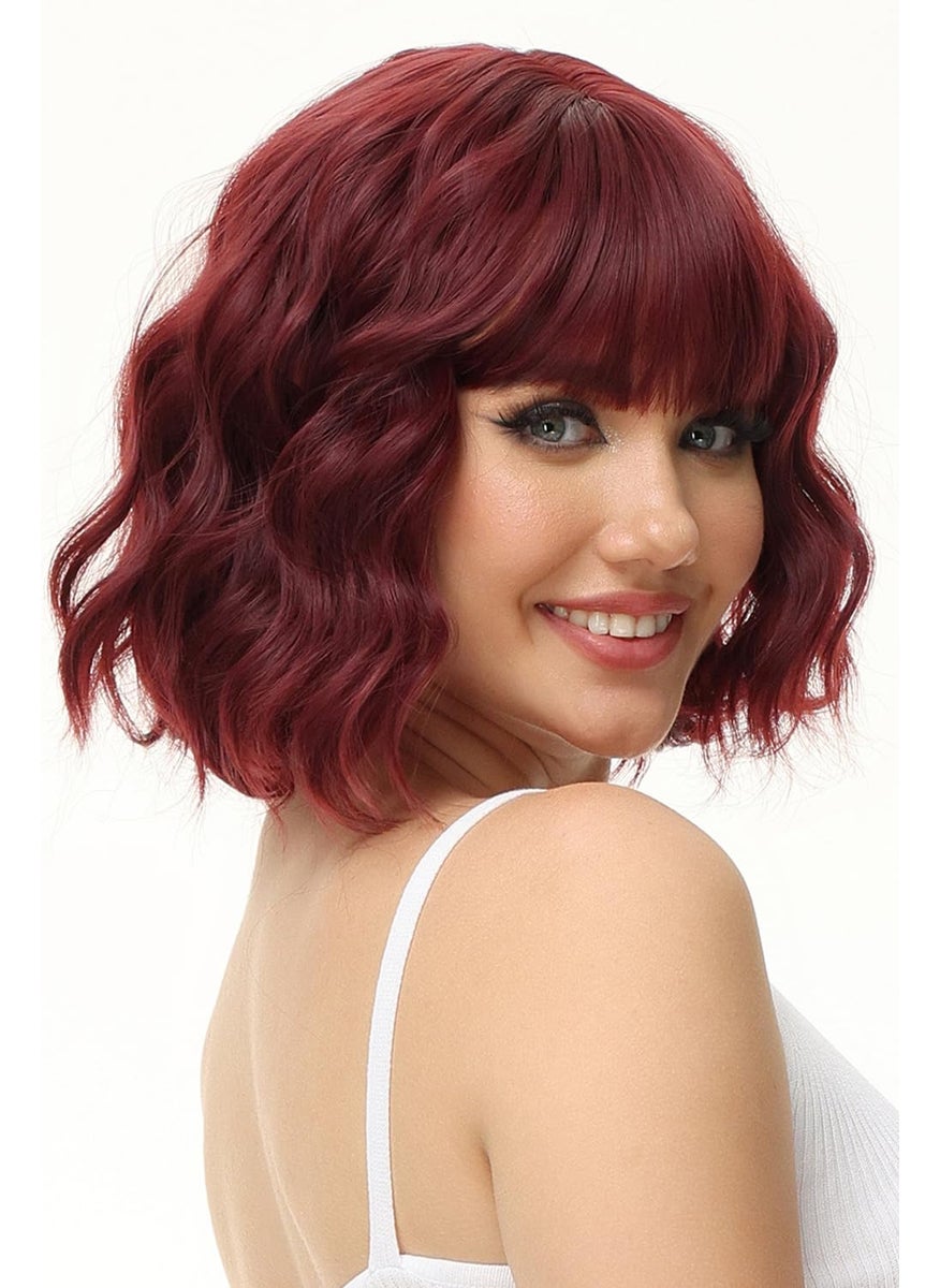 Rose bud Rose bud Wavy Bob Wig with Bangs Natural Wine Red Wig Synthetic Hair Shoulder Length Short Curly Wigs for Women 