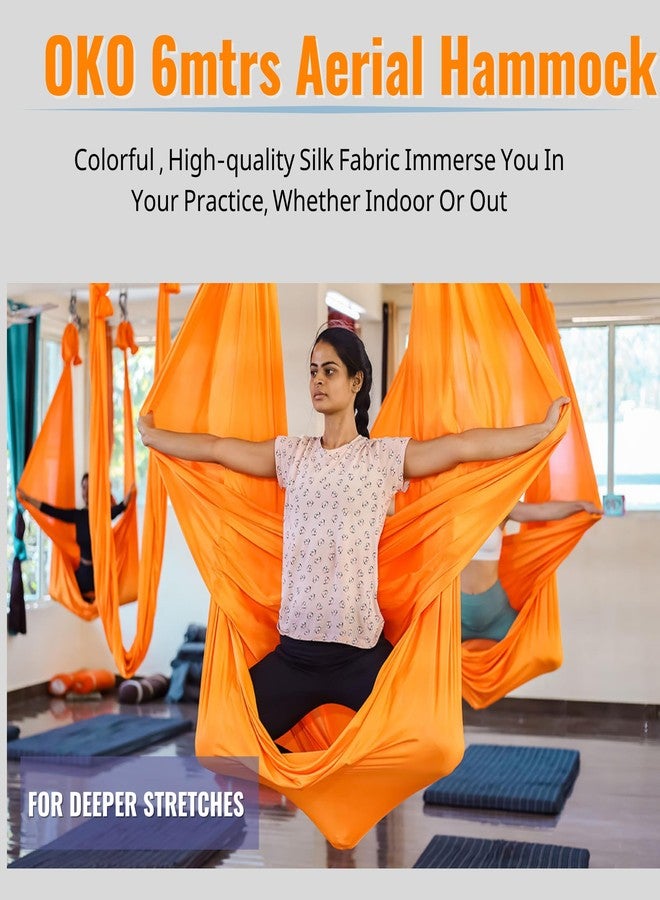 OKO Aerial Yoga Hammock Silk Aerial Yoga Swing for Antigravity Yoga, Inversion Exercises, Improved Flexibility & Core Strength - Extension Straps, Carabiners | Color - Orange | - Image 3