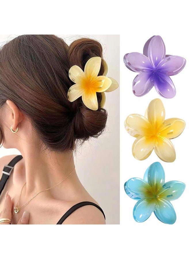 BIG BOX 3 Pcs Large Flower Hair Clips For Thick Hair Pink Yellow Blue Floral Hair Claw Clips Hawaiian Plumeria Hair Clip Summer Flowers Hair Claw Acrylic Hawaii Hair Styling Accessories For Women Girls - Image 1