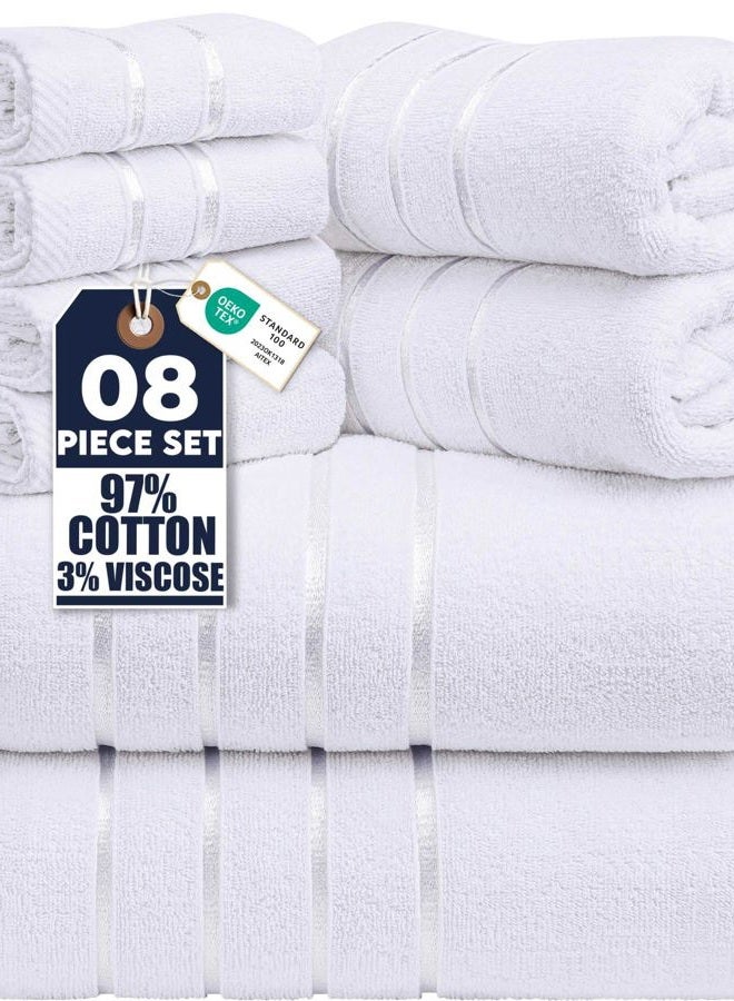 Utopia Towels 8-Piece Luxury Towel Set, 2 Bath Towels, 2 Hand Towels, and 4 Wash Cloths, 600 GSM Ring Spun Cotton Highly Absorbent Viscose Stripe Towels Ideal for Everyday use (White) - Image 1
