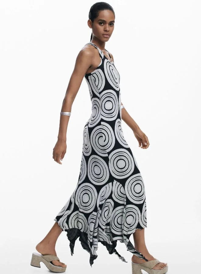 Desigual black and white Long Dress With Circles for Women | Best Price UAE