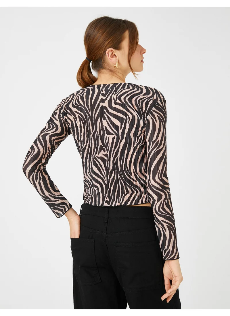 KOTON Pleated Crop T-Shirt Crew Neck Long Sleeve