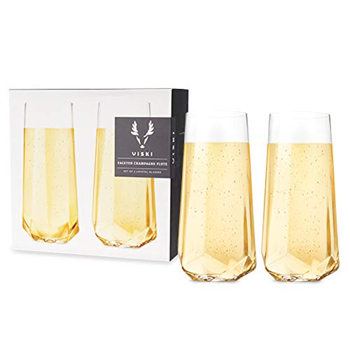 Viski Viski Raye Faceted Crystal Champagne Flutes Set of 2  Premium Crystal Clear Glass Modern Stemless Champagne Glass Gift Set  10oz