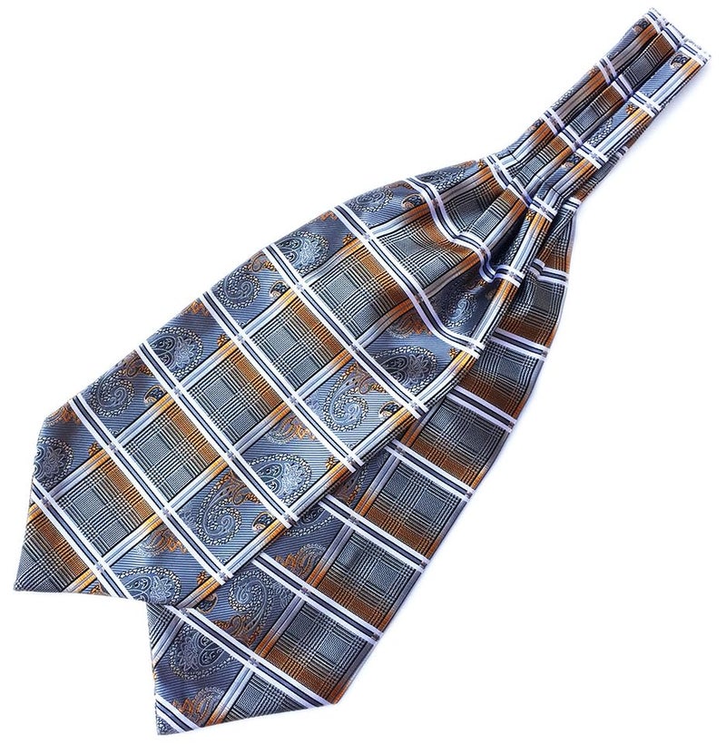 Elfeves Men Black White Checks Floral Silk Cravat Ties Exquisit Ascot Gift for BF Father - Image 1