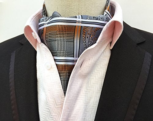 Elfeves Men Black White Checks Floral Silk Cravat Ties Exquisit Ascot Gift for BF Father - Image 3