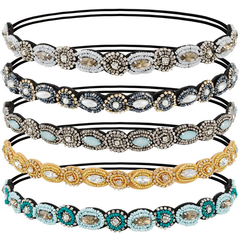 AMCAMI 5Pcs Rhinestone Beaded Headband Crystal Hairbands for Women in 5 Different Patterns  Elastic Headbands for Girls  Vintage Hair Accessories for Party Daily Wear
