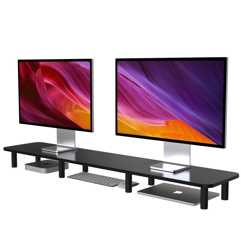 WEGASTU 437 Extra Long Dual Monitor Stand Riser Wood Steel Monitor Stand for 2 Monitors Wide TV Stand Desktop Riser for Desk Organization Home OfficeLaptopPrinterTV Black