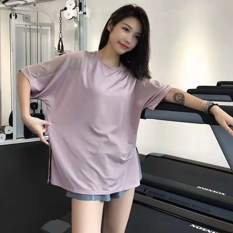 Generic Yoga short-sleeved quick-drying T-shirt spring and summer thin running workout clothes plus size sports top womens loose chubby girl blouse 887# lotus pink short-sleeved top 
