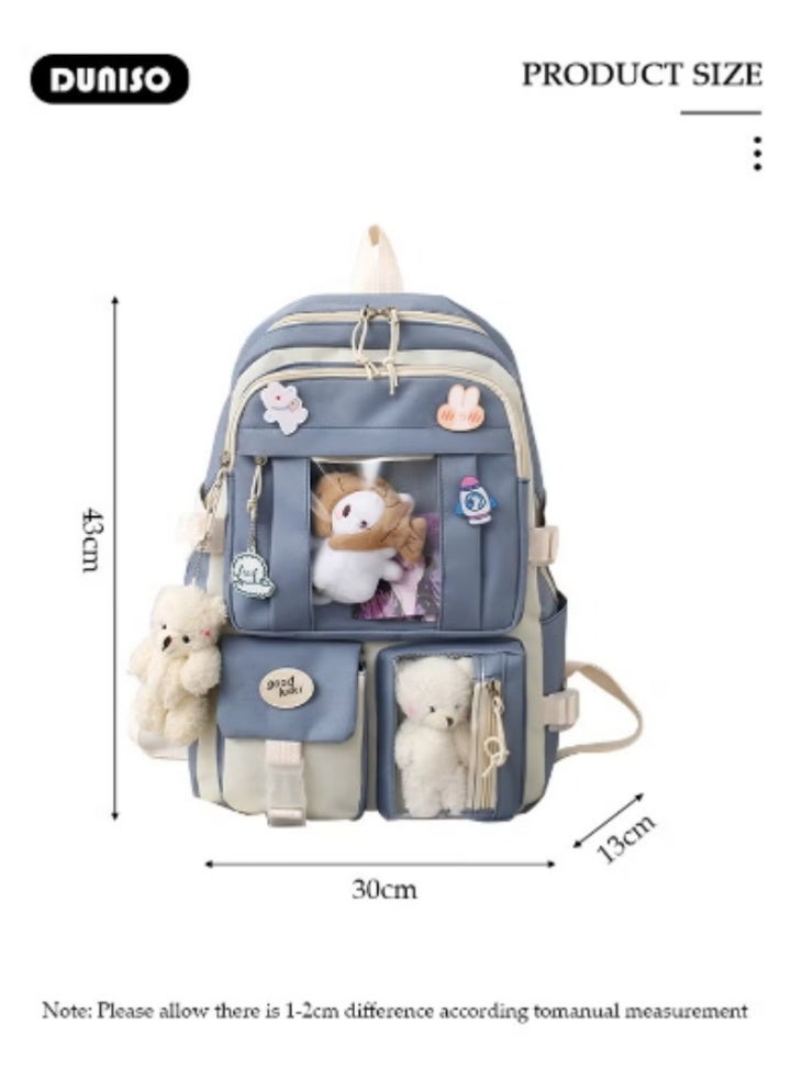 DUNISO Blue - White Color - Blocking Cute Schoolbag 5 - Piece Set | Adorable Plush Toys, Practical and Eye - Catching - Image 2