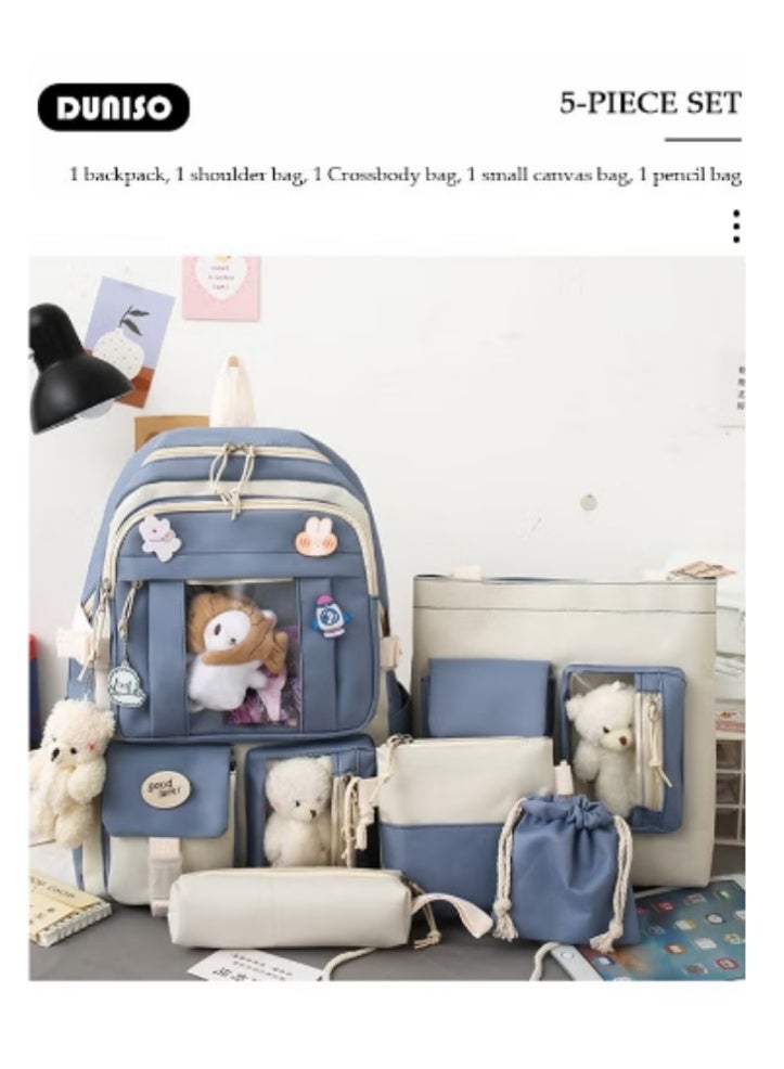 DUNISO Blue - White Color - Blocking Cute Schoolbag 5 - Piece Set | Adorable Plush Toys, Practical and Eye - Catching - Image 5