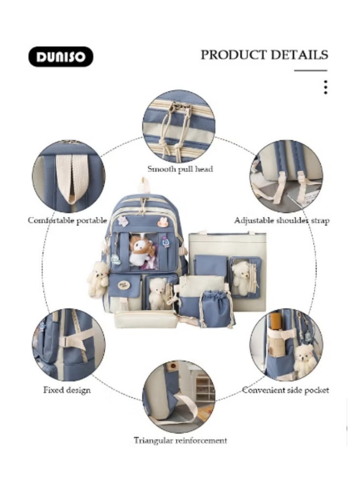 DUNISO Blue - White Color - Blocking Cute Schoolbag 5 - Piece Set | Adorable Plush Toys, Practical and Eye - Catching - Image 3