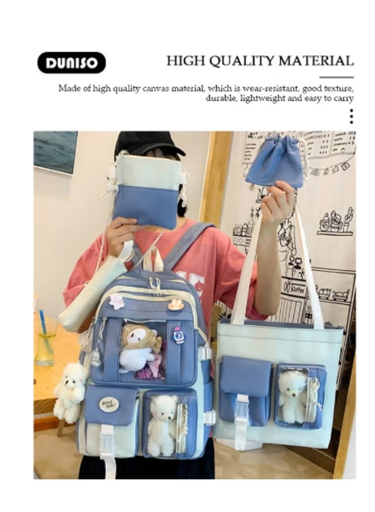 DUNISO Blue - White Color - Blocking Cute Schoolbag 5 - Piece Set | Adorable Plush Toys, Practical and Eye - Catching - Image 4