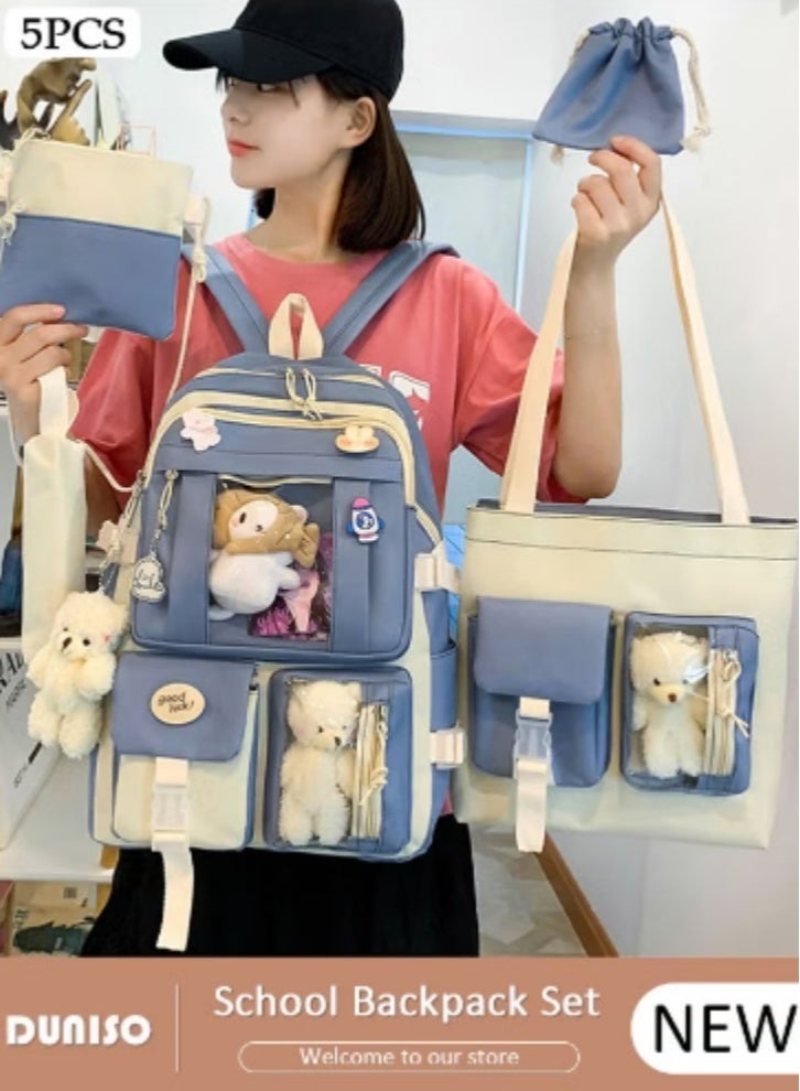 DUNISO Blue - White Color - Blocking Cute Schoolbag 5 - Piece Set | Adorable Plush Toys, Practical and Eye - Catching - Image 1