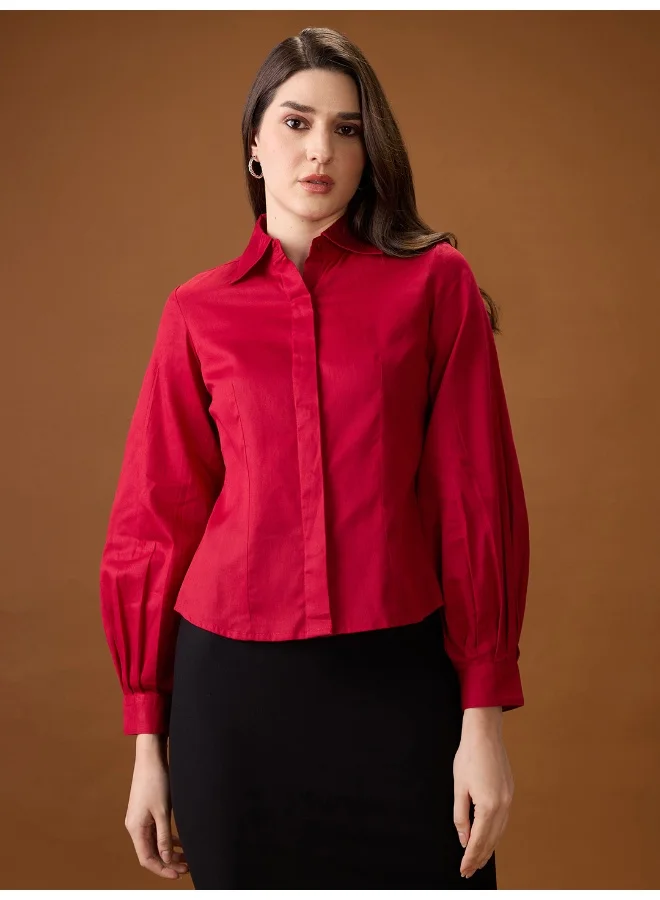 globus Globus Women Maroon Collared Neck Pleated Cuffed Sleeves Solid Curved Hem Workwear Shirt