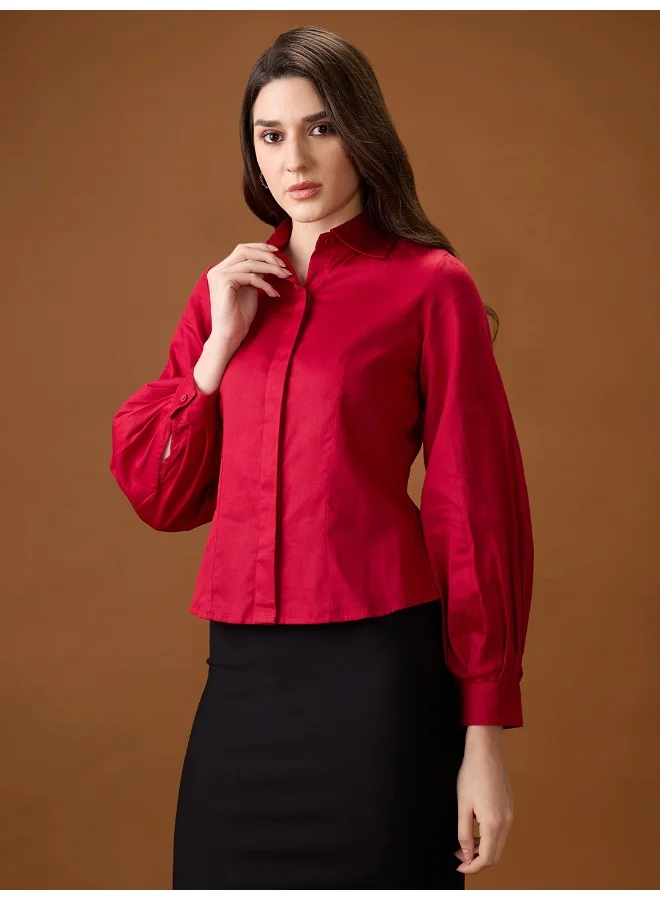 globus Globus Women Maroon Collared Neck Pleated Cuffed Sleeves Solid Curved Hem Workwear Shirt