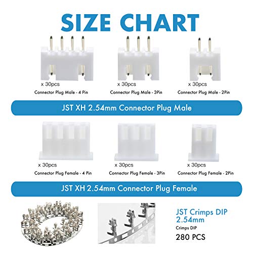 CQRobot JST XH 2.54 mm Pitch 2-Pin/3-Pin/4-Pin Electronic Connector IC Male Plugs, Female Sockets Housing and T-Shaped Crimp Terminal Kit. 90 Sets/460 Pieces Wire-to-Board Adapter Cable Assembly. - Image 2