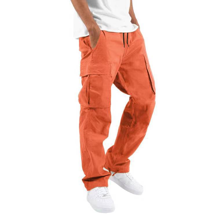 2022 Amazon summer new mens overalls European and American independent station foreign trade drawstring multi-pocket casual pants orange red