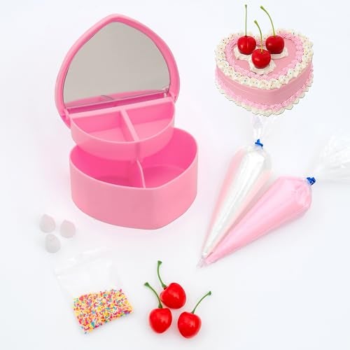 Decoden Fake Cake Kit, Decorate a Heart Shaped Fake Cake Jewelry Box Cream, Fake Whipped Cream Glue, Cherries, Sprinkles & Craft Supplies, Fake Cake Decor (Pink) - Image 1