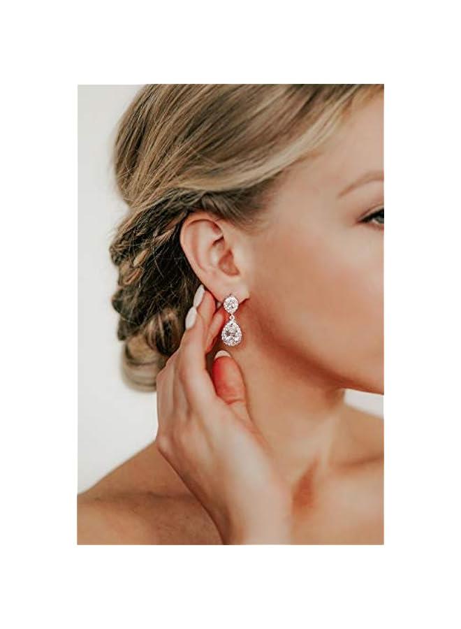 Cubic Zirconia Teardrop Bridal Earrings, Rhinestone Dangle Earrings for Wedding Prom Anniversary - Image 3