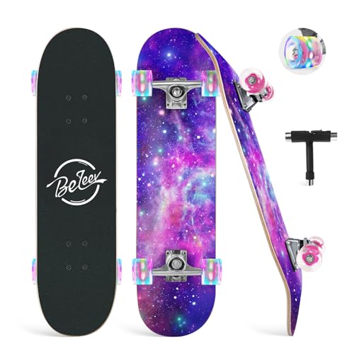 BELEEV Skateboards for Kids 31x8 inch Complete Skateboard for Beginners Teens Adults 7 Ply Canadian Maple Double Kick Deck Concave Skateboard with LED LightUp Wheels Galaxy Purple - Image 1
