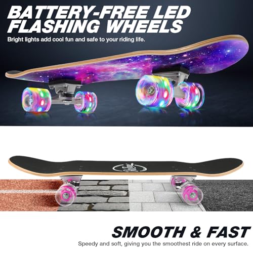 BELEEV Skateboards for Kids 31x8 inch Complete Skateboard for Beginners Teens Adults 7 Ply Canadian Maple Double Kick Deck Concave Skateboard with LED LightUp Wheels Galaxy Purple - Image 3